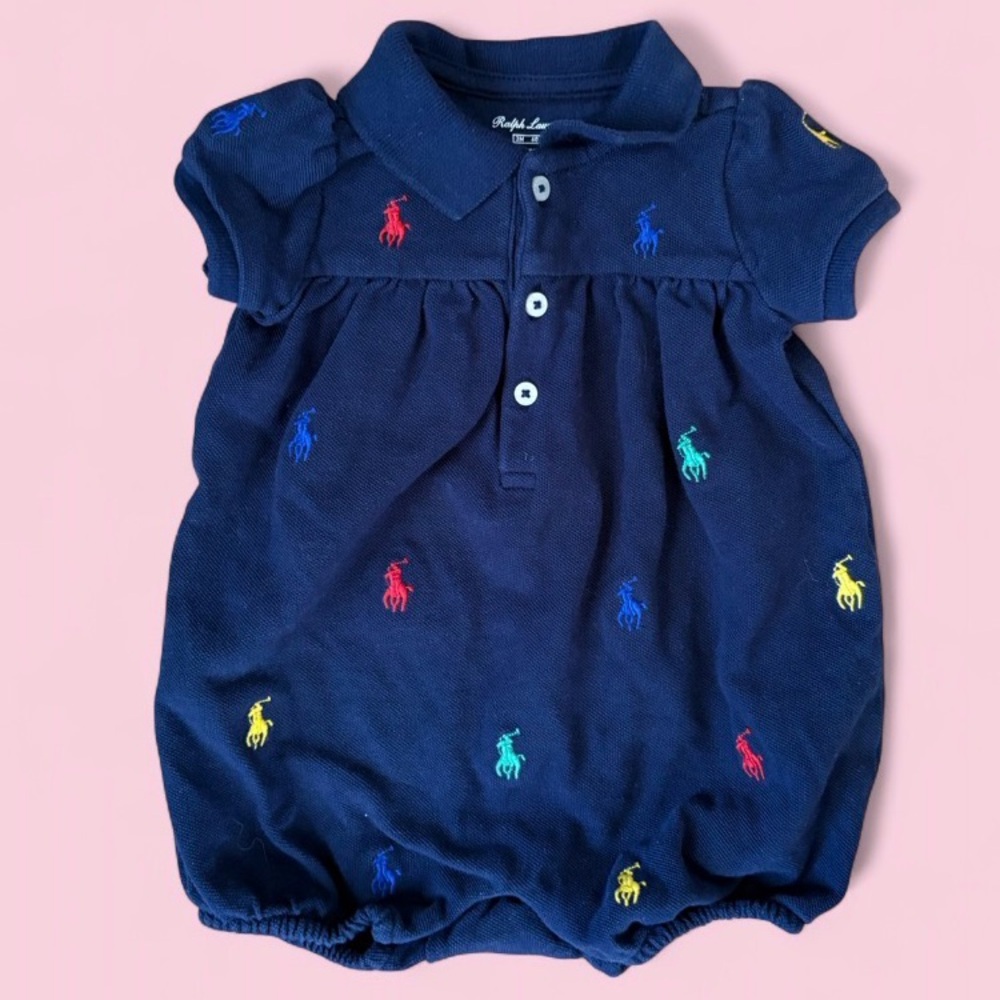 Ralph Lauren Navy Multicolor Pony Polo Bubble Romper Sz 3M